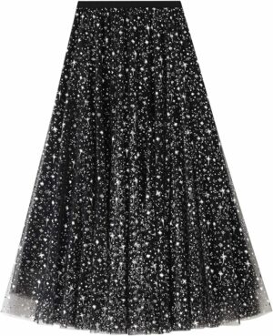 Jupe plissée en tulle et mousseline de soie pour femme taille haute étoiles paillettes noire