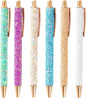 6 stylos à bille rétractables à paillettes en métal