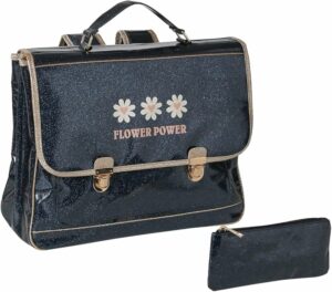 Cartable noir et trousse pailletéss Flower power