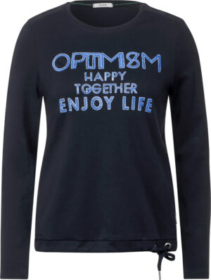 T-shirt noir manches longues inscription bleue Optimism à paillettes