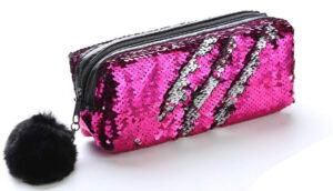 Trousse à paillettes réversible rose à pompon fausse fourrure noire