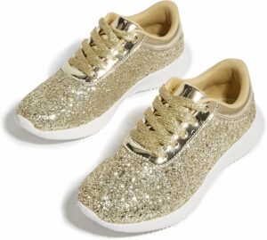 Baskets femme avec strass et paillettes or