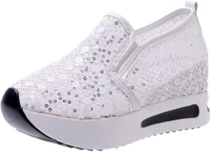 Baskets sans lacets slip-on semelle compensée paillettes blanches